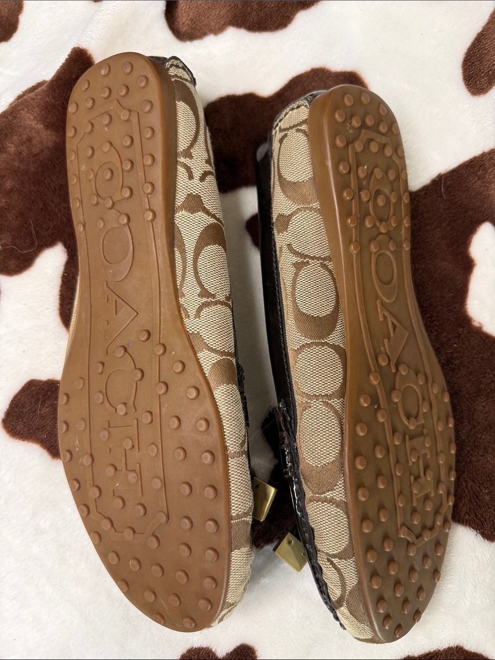 Coach Brown Signature Canvas Loafers with Black Patent Trim and Gold Accents - Picture 3 of 5